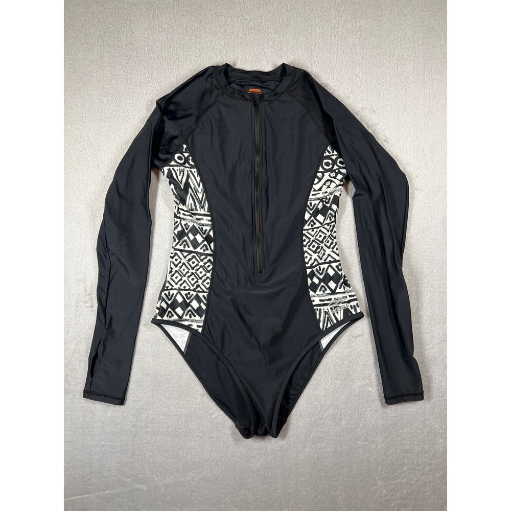 AXESEA Womens Long Sleeve Rash Guard One Piece Swimsuit Black Tribal Size 10
